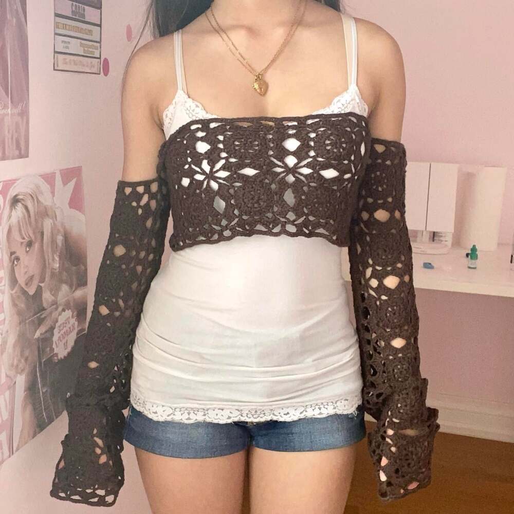 BNWT peppermayo dark brown crochet long sleeve off the shoulder top